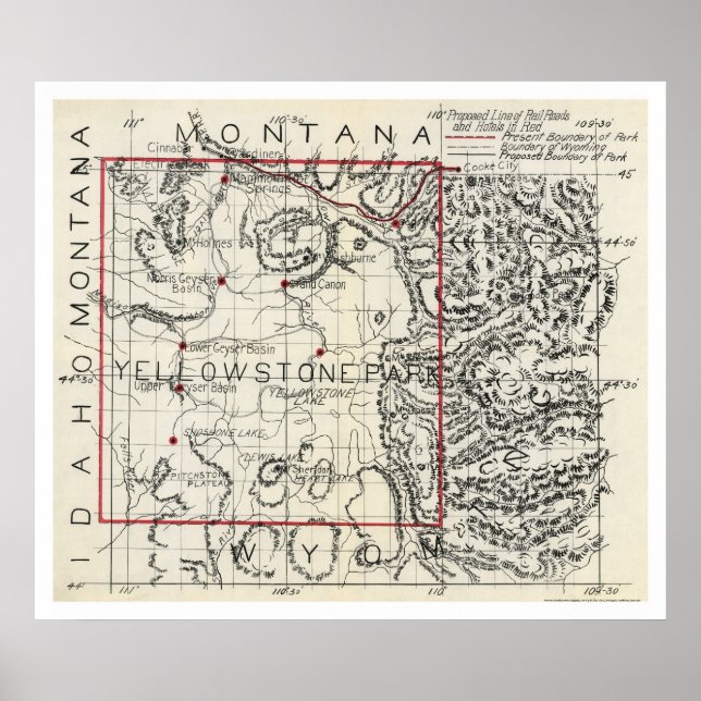 Yellowstone Railroad & Hotel Karta 1900 Poster (Framsidan)