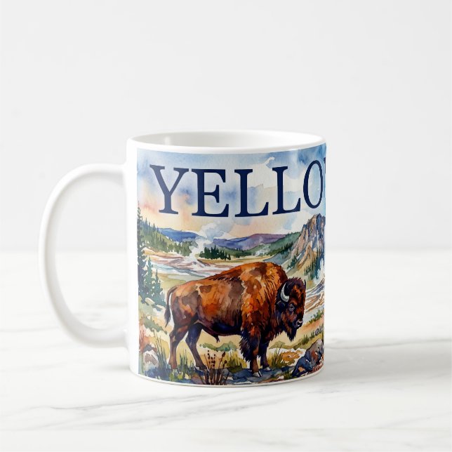 Yellowstone Vattenfärg Bison Geyserscen Kaffemugg (Vänster)