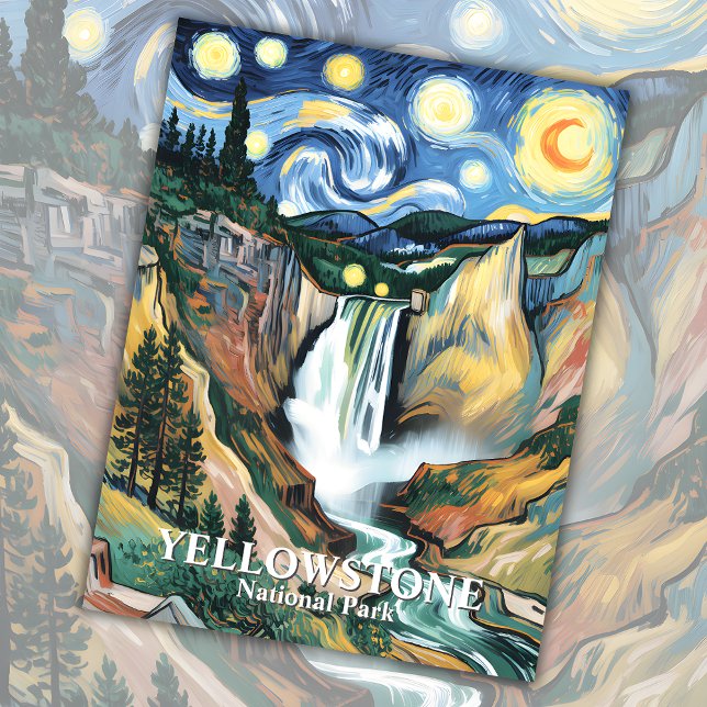 Yellowstone Waterfall Van Gogh Starry Night Anpass Vykort (Yellowstone Waterfall Van Gogh Starry Night Custom Postcard)