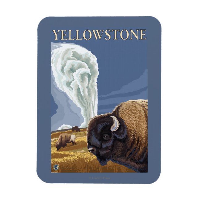 YellowstoneBison med gammal faithful Magnet (Vertikal)