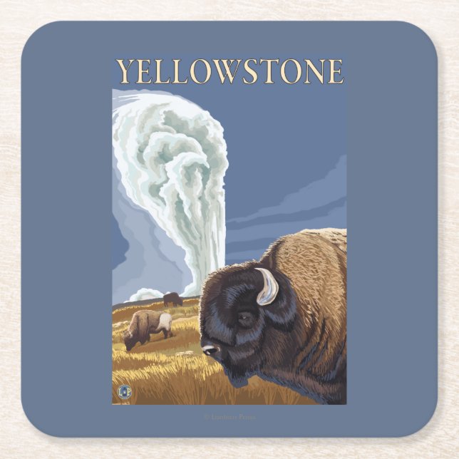 YellowstoneBison med gammalt troget Underlägg Papper Kvadrat (Framsidan)