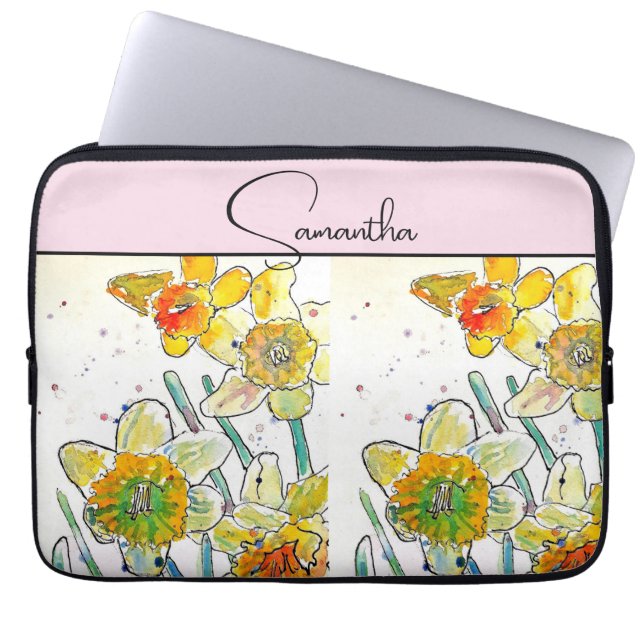 Yelow Daffodil Watercolor Daffodils Blommigt Flowe Laptop Fodral (Framsidan)