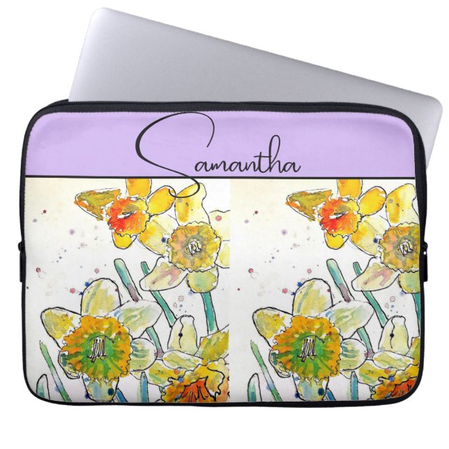 Yelow Daffodil Watercolor Daffodils Floral Flower Laptop Fodral (Framsidan)