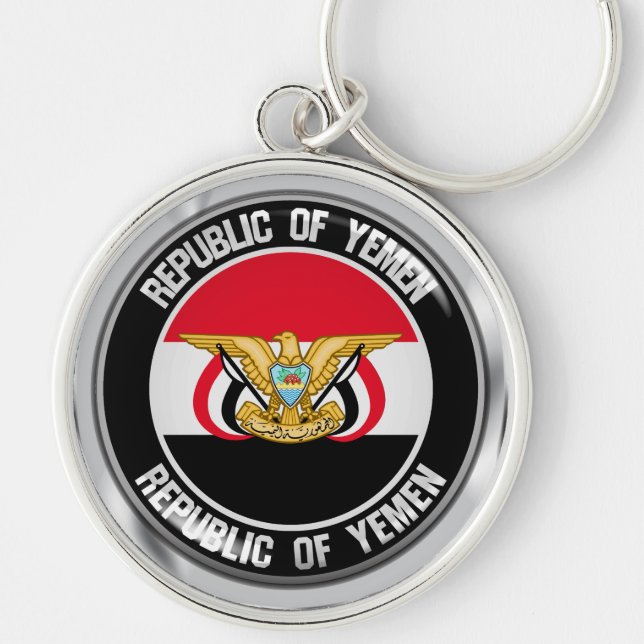 Yemen Round Emblem Rund Silverfärgad Nyckelring (Framsidan)
