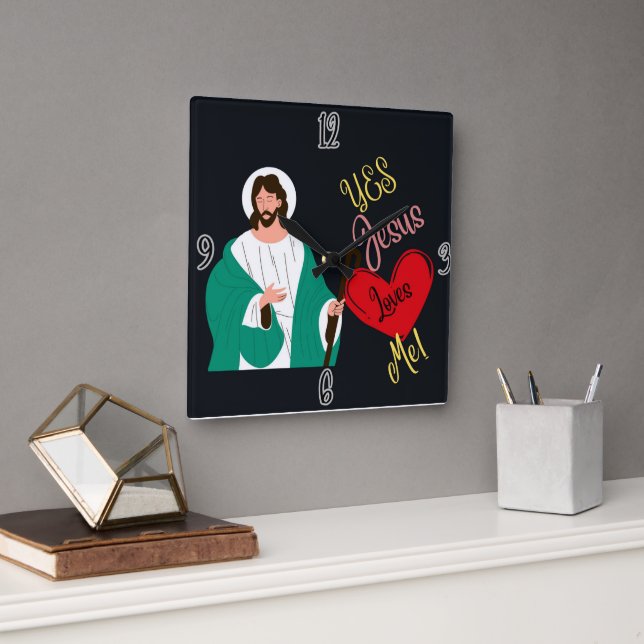 "Yes, Jesus Loves Me!" Black Square Wall Clock Fyrkantig Klocka (Kontor)
