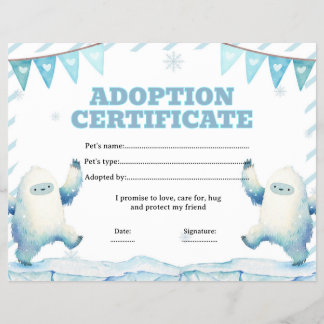 Yeti adoptera ett husdjur certifikat redigerbar reklamblad