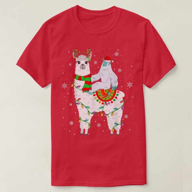 Yeti Älskare Julafton Ljus Santa Yati Riding Llama T Shirt (Design framsida)