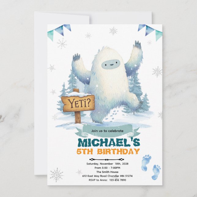 Yeti födelsedagsfest inbjudan (Framsida)