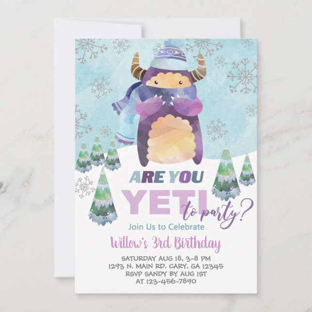 Yeti vinterflickfödelsedag inbjudan, Yeti-inbjudan Inbjudningar (Framsida)