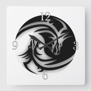 Yin och Yang Asian Dragons Fyrkantig Klocka