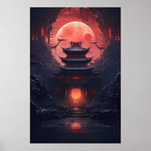 Yin och Yang Bridge och Temple i Cyberpunk Neon Poster