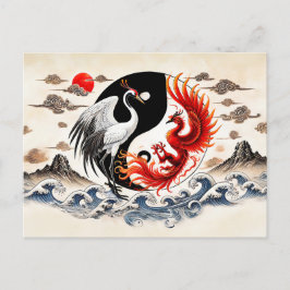Yin och Yang Crane och Phoenix i Asian Art Stil Vykort