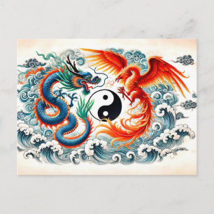 Yin och Yang Drakar och Fenix i asiatisk konststil Vykort