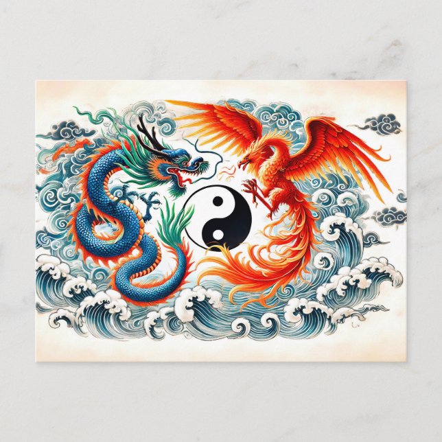 Yin och Yang Drakar och Fenix i asiatisk konststil Vykort (Framsida)