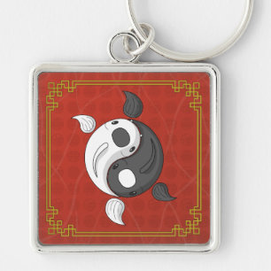 Yin och Yang, Ki Keychain Fyrkantig Silverfärgad Nyckelring