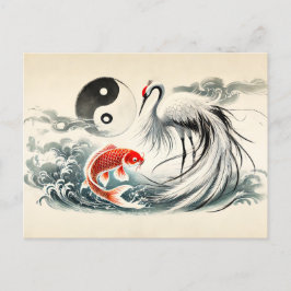 Yin och Yang Koi och Crane i Asian Art Stil Vykort