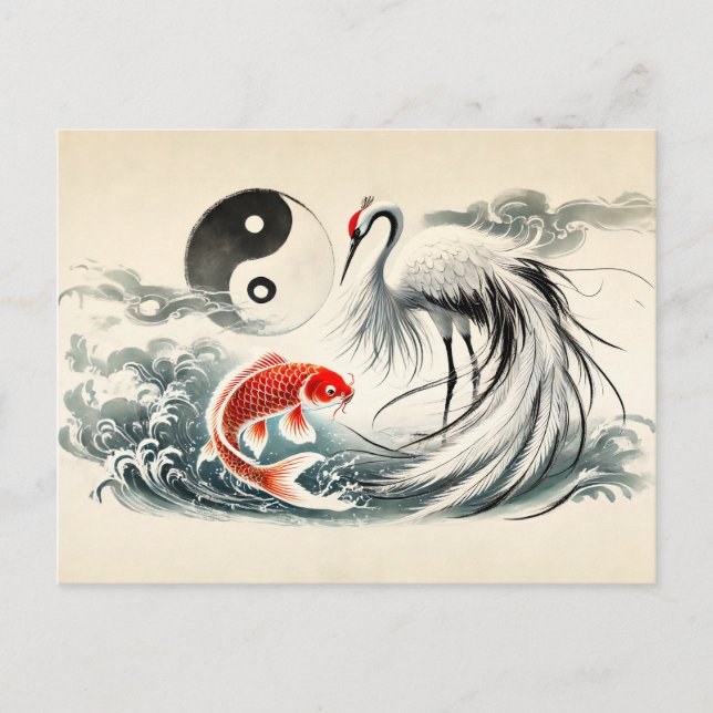 Yin och Yang Koi och Crane i Asian Art Stil Vykort (Framsida)