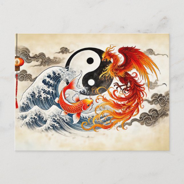 Yin och Yang Koi och Phoenix i Asian Art Stil Vykort (Framsida)