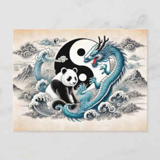 Yin och Yang Panda och Dragon i Asian Art Stil Vykort