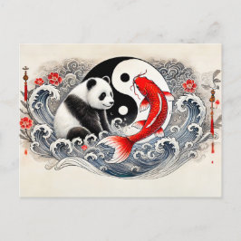 Yin och Yang Panda och Koi i Asian Art Stil Vykort