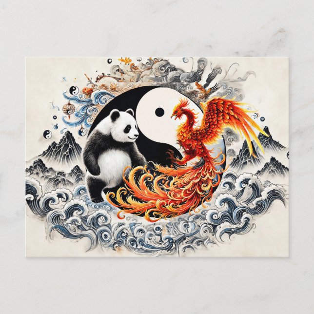 Yin och Yang Panda och Phoenix i Asian Art Stil Vykort (Framsida)