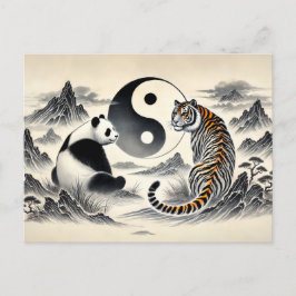 Yin och Yang Panda och Tiger i Asian Art Stil Vykort