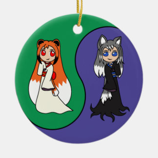 Yin och Yang rävflickorna (Kitsune) Julgransprydnad Keramik