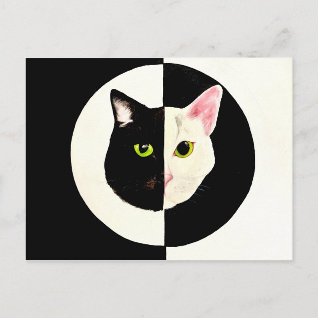 Yin och yang, svart och vit katt ansikte vykort (Framsida)