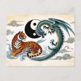Yin och Yang Tiger och Dragon i Asian Art Stil Vykort