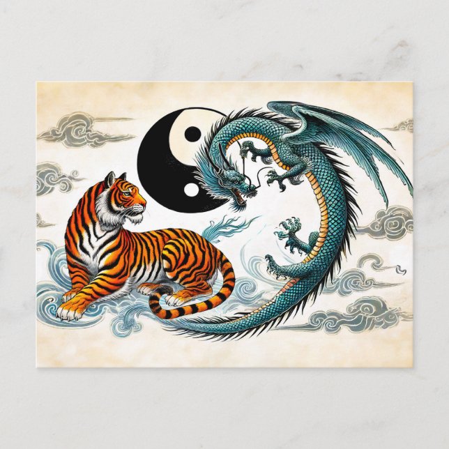 Yin och Yang Tiger och Dragon i Asian Art Stil Vykort (Framsida)