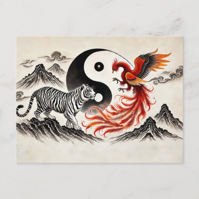 Yin och Yang Tiger och Fenix i asiatisk konststil Vykort (Framsida)