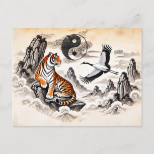 Yin och Yang Tiger och Trana i asiatisk konststil Vykort