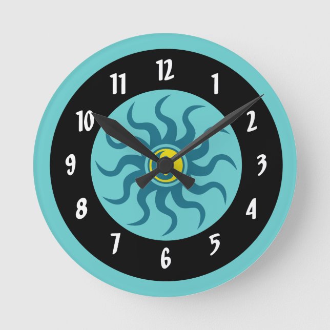 Yin-Yang Aztec Sol/Aqua och Black Circles Rund Klocka (Framsida)