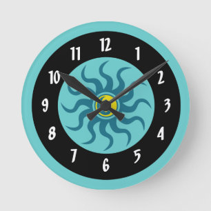 Yin-Yang Aztec Sol/Aqua och Black Circles Rund Klocka