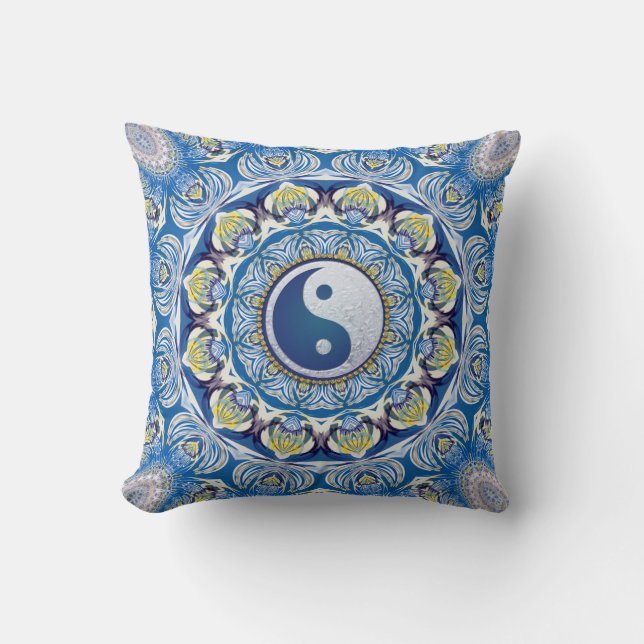 Yin Yang Balans Liv Blå Gul Mandala Kudde (Framsida)