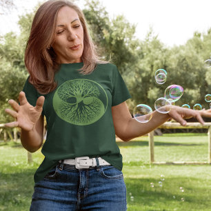 Yin Yang Banyan Livets träd Monochromatic Grönt T Shirt