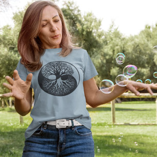 Yin Yang Banyan Livsträd Monokromatisk Blå T Shirt