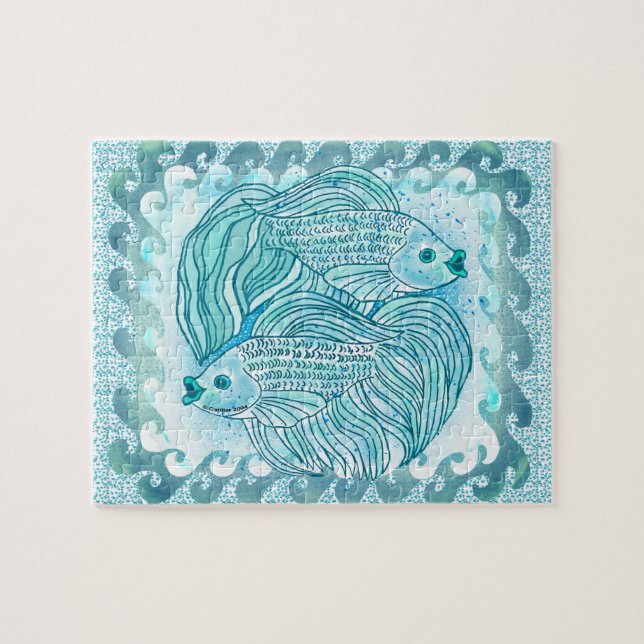 Yin Yang Blå Koi Fisk Pussel (Horisontell)