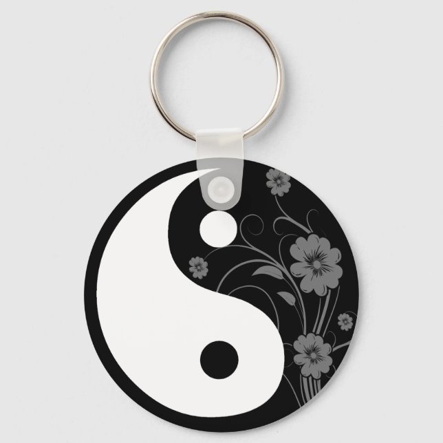 Yin Yang Black Blommigt Keychain Nyckelring (Framsida)
