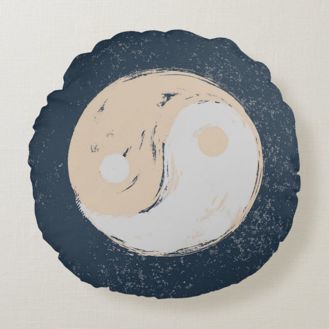Yin Yang Black och Tan Round Pillow Rund Kudde (Framsidan)