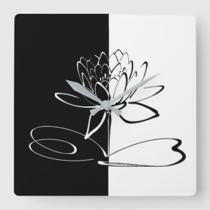 Yin Yang Black White Lotus Blommar Fyrkantig Klocka