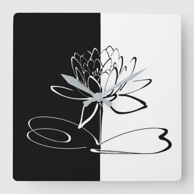 Yin Yang Black White Lotus Blommar Fyrkantig Klocka (Framsida)