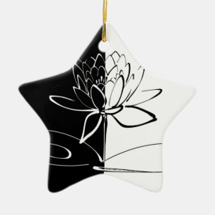 Yin Yang Black White Lotus Blommar Julgransprydnad Keramik