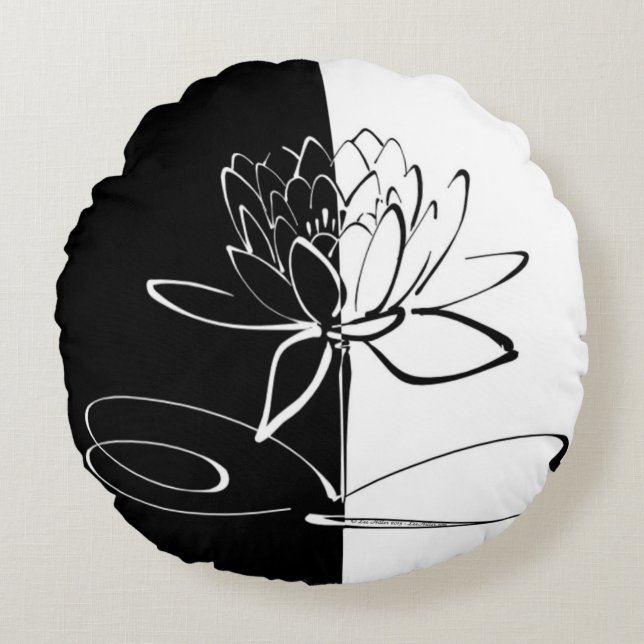 Yin Yang Black White Lotus Blommar Rund Kudde (Framsidan)