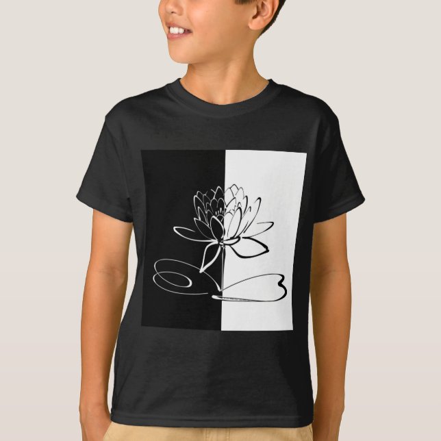 Yin Yang Black White Lotus Blommar Tee (Framsida)