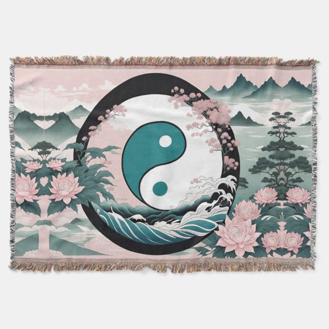 Yin Yang, Blommigt Mountain Rosa Sage Teal Filt (Framsidan)