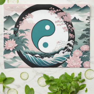 Yin Yang, Blommigt Mountain Rosa Sage Teal Kökshandduk