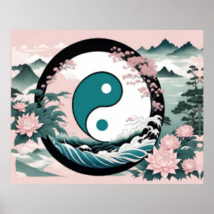 Yin Yang, Blommigt Mountain Rosa Sage Teal Poster