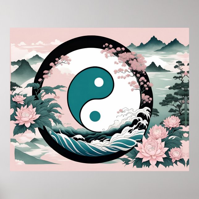 Yin Yang, Blommigt Mountain Rosa Sage Teal Poster (Framsidan)