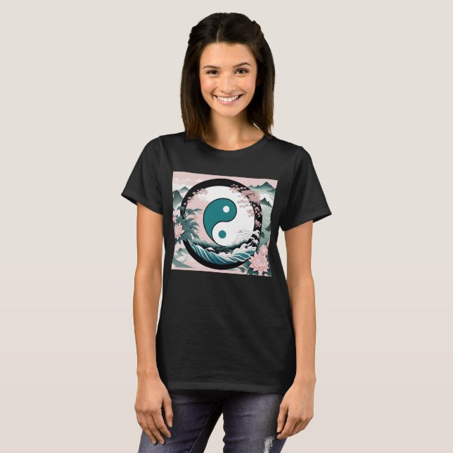 Yin Yang, Blommigt Mountain Rosa Sage Teal T Shirt (Hel framsida)